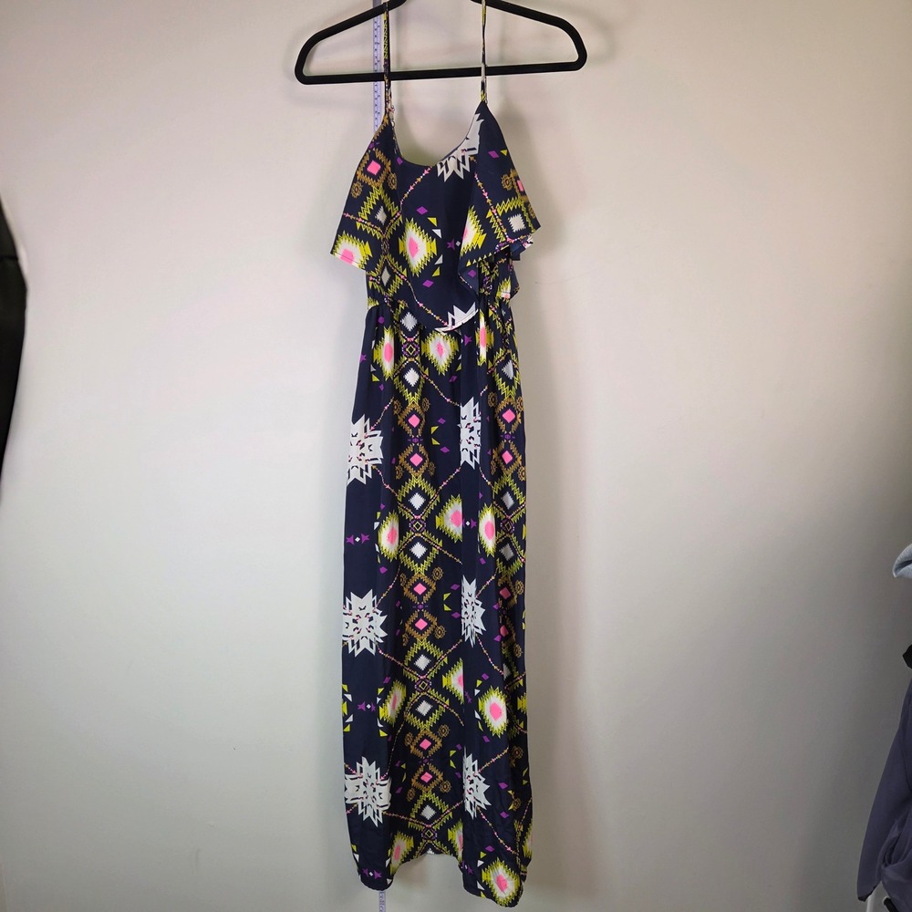 Fire Los Angeles Navy Geometric Tribal Print Ruffle Popover Maxi Dress Medium